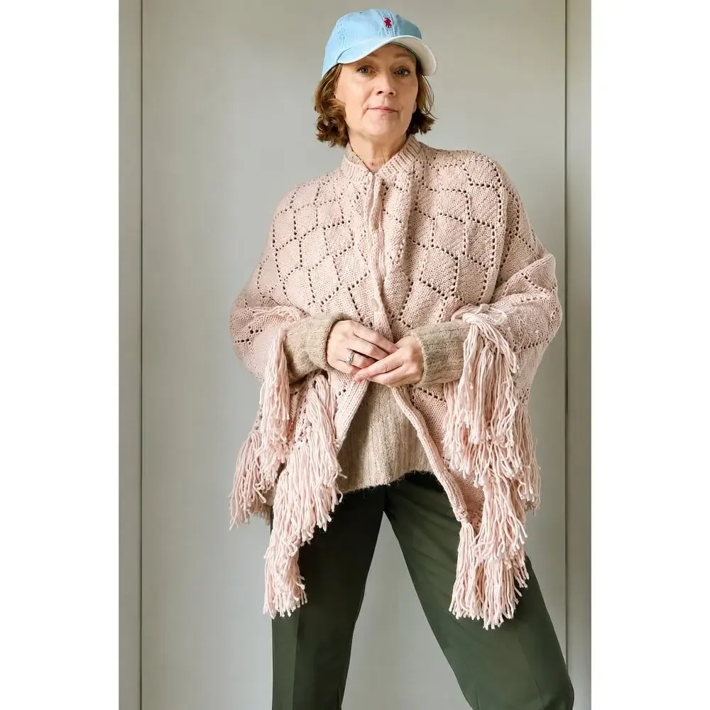 Vintage Hand Knit Poncho in Blush Pink S-L Fit Boho hippie Artisan Fringe Shawl